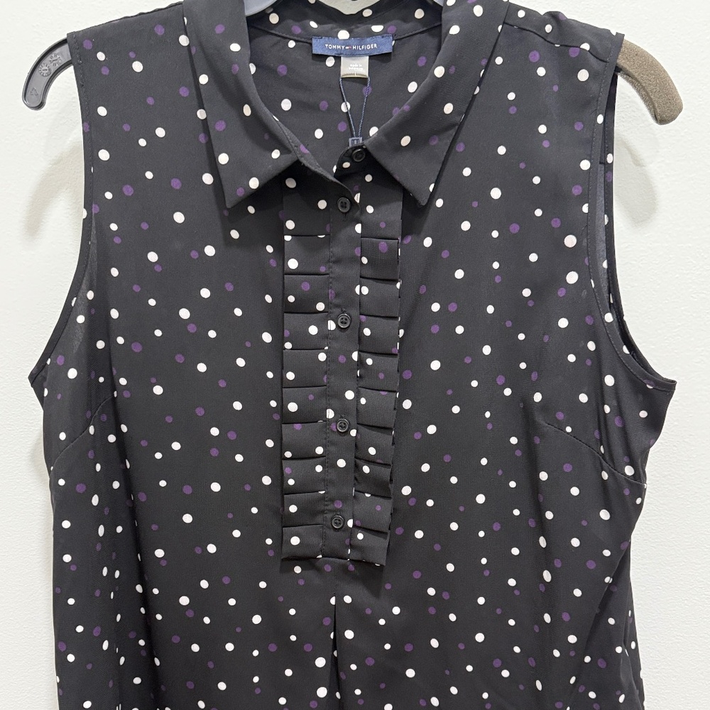 Tommy Hilfiger Black Polka Dot Ruffle Front Sleeveless Blouse, Size Large, NWT